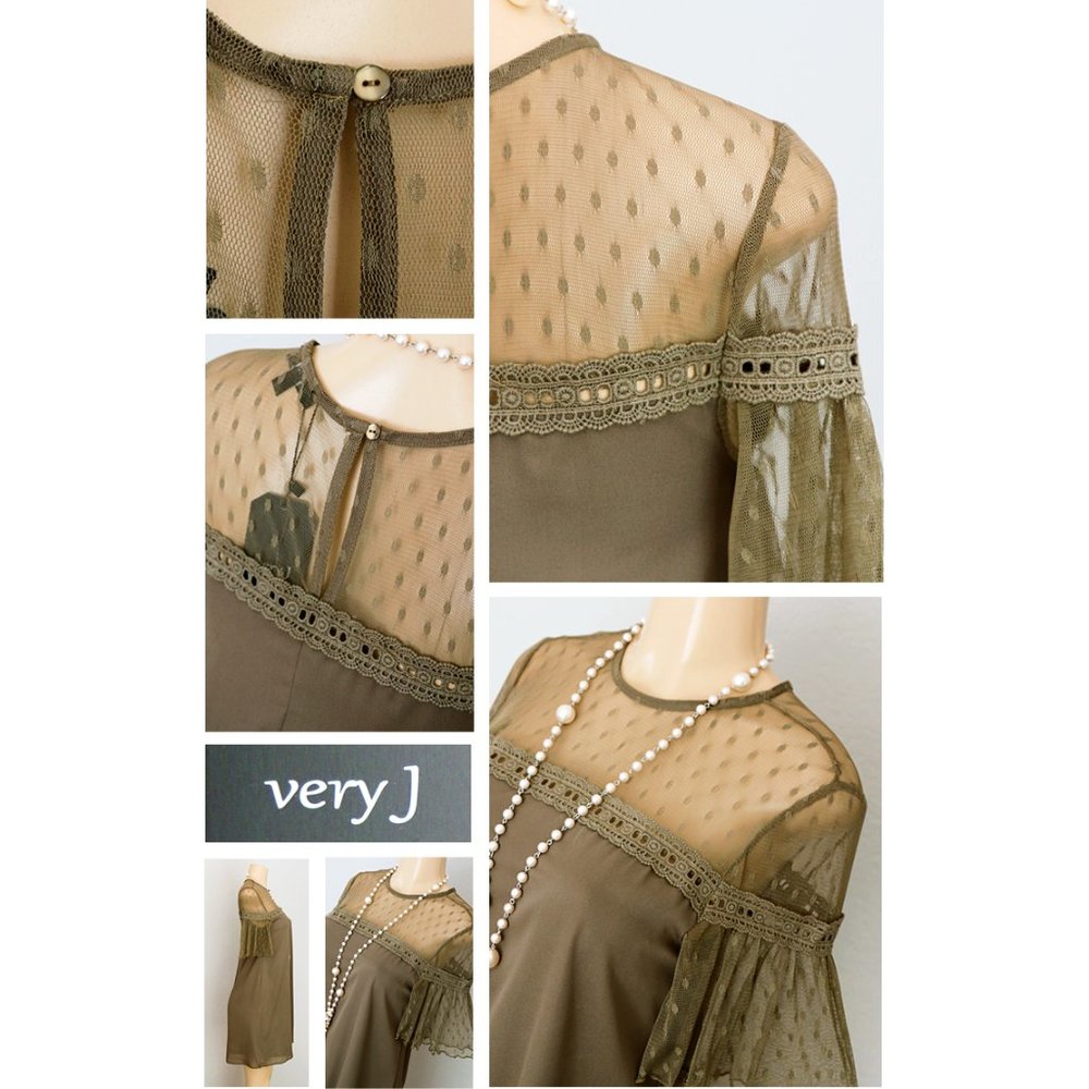 Olive Green Polka Dot Mesh Yoke Ruffle Shift Dress - Picture 5 of 8